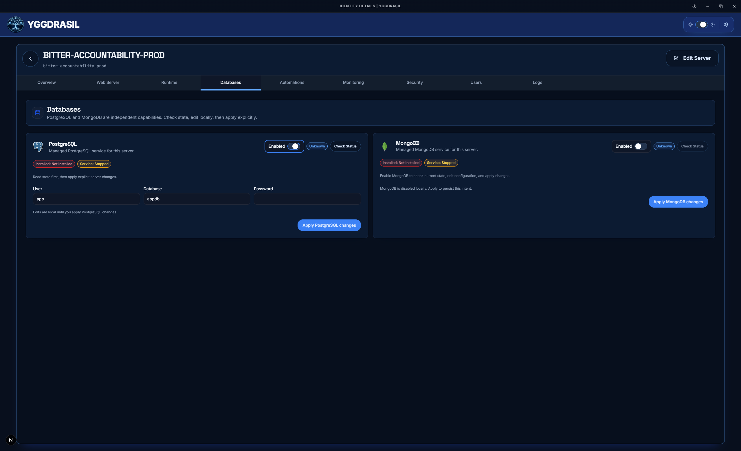 Yggdrasil Databases module screenshot